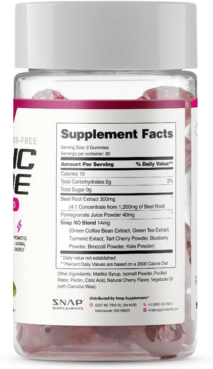 Snap Supplements Nitric Oxide Beet Root Gummies, Cherry, 60 Count (2-Pack) | Sugar Free, For Men & Women, Heart Health & Circulation, Organic Beetroot Extract, Natural Energy, B12, Beets Gummies
