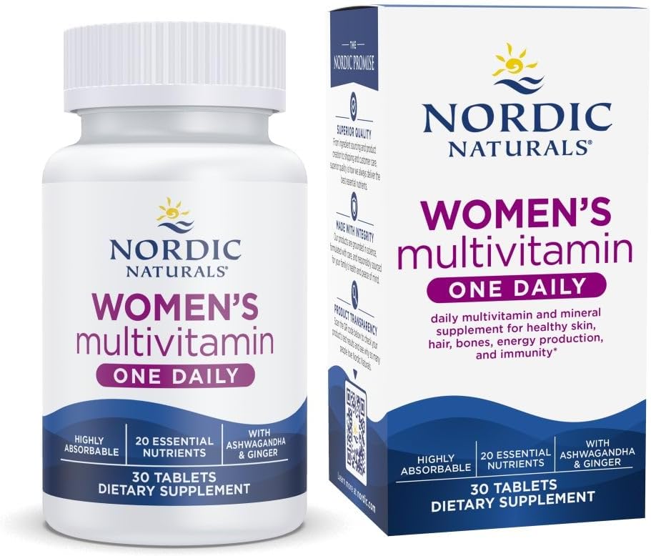 Nordic Naturals Women's Multivitamin One Daily, Energy, Hair & Skin Support | 20 Essential Nutrients for Skin, Hair, Energy & Bone Support. Immunity Supplement. One Daily Tablet. 30 Servings.