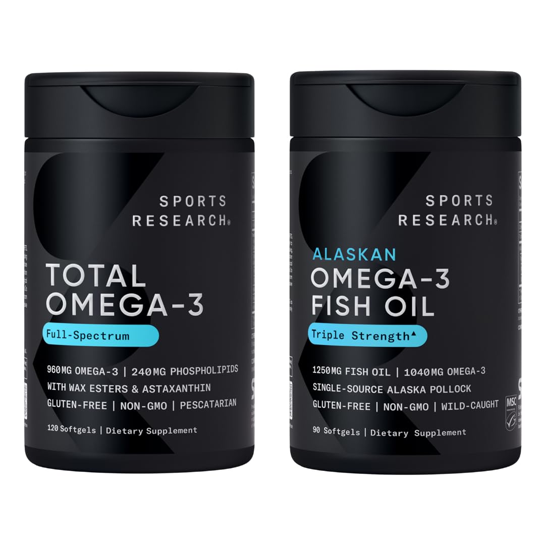 Sports Research® Omega-3 Fish Oil Bundle - Total Omega-3 2200mg (Krill, Salmon & Pollock) + Triple Strength Fish Oil 1250mg - High EPA & DHA Supplement Sports Research buy supplements Au
