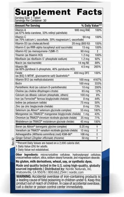 Nordic Naturals Women's Multivitamin One Daily, Energy, Hair & Skin Support | 20 Essential Nutrients for Skin, Hair, Energy & Bone Support. Immunity Supplement. One Daily Tablet. 30 Servings.