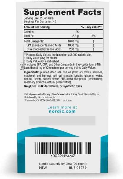 Nordic Naturals EPA Xtra, Lemon - 90 Soft Gels - 1640 mg Omega-3 - High-Intensity EPA Formula for Positive Mood, Heart Health & Healthy Immunity - Non-GMO - 45 Servings | Supports mood, heart & immune health. High-intensity EPA formula. Non-GMO. Lemon fla
