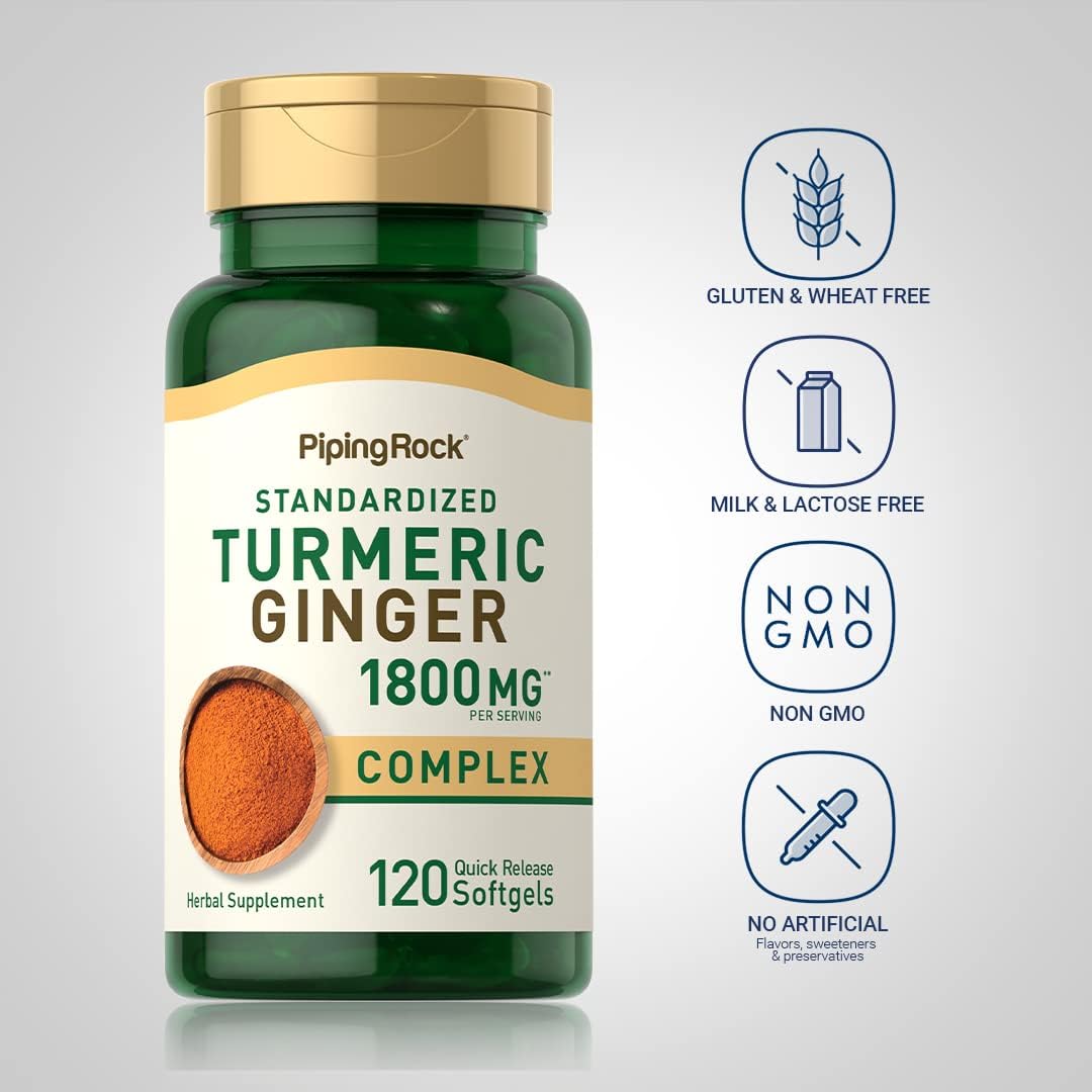 Piping Rock Turmeric and Ginger Supplement | 120 Softgel Capsules | with Black Pepper Extract | Herbal Extract Complex | Non-GMO, Gluten Free