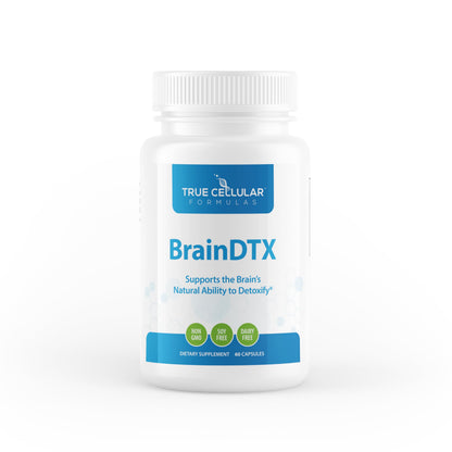 Supplement bottle labeled 'BrainDTX' by True Cellular Formulas on a white background