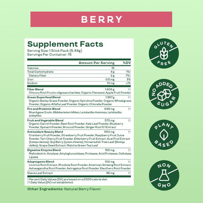 Bloom Nutrition Superfood Greens Powder, Berry, 30 Servings | Digestive Enzymes with Probiotics and Prebiotics, Gut Health, Bloating Relief for Women, Chlorella, Green Juice Mix