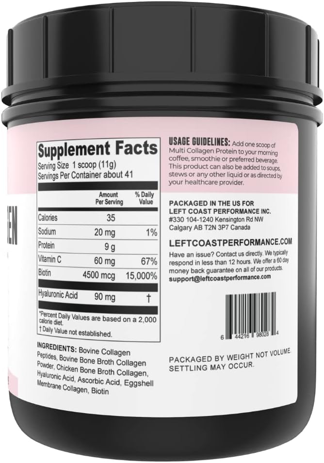 Left Coast Performance Vanilla Bone Broth and Multi Collagen Powder for Joint, Hair, Skin, and Nails Support