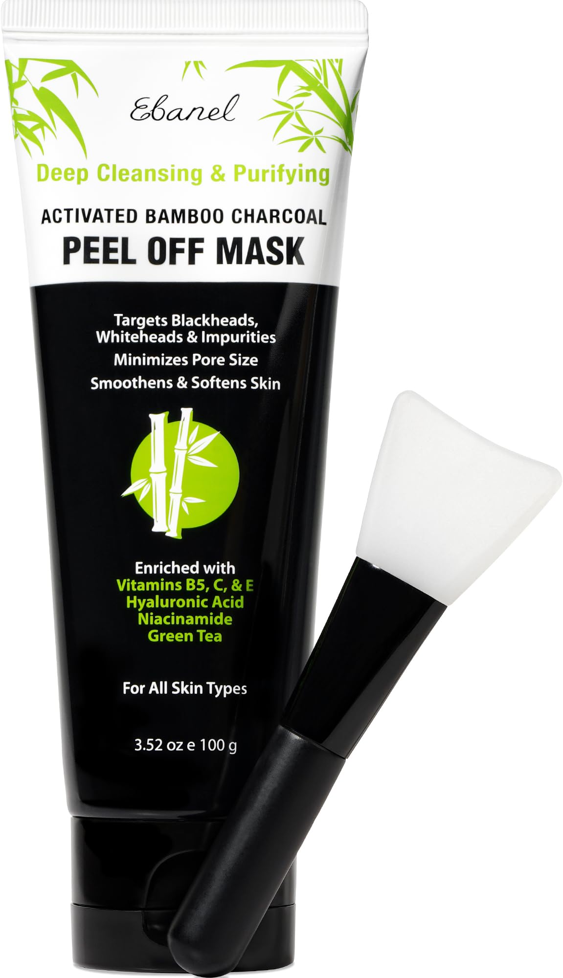 Ebanel Charcoal Peel Off Face Mask Applicator Set, Deep Pore Cleansing Minimizer Blackhead Remover with Niacinamide, Hyaluronic Acid, Vitamin C, Green Tea, Deep Cleanse Black Masks Peel Off Gel Mask