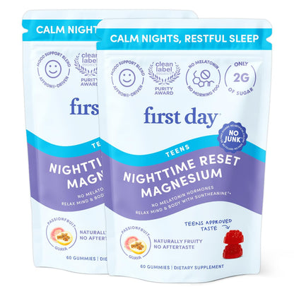 FIRST DAY Calm Magnesium for Teens Gummies, Affron, No Melatonin, 60 Count | Passionfruit-guava magnesium gummies with citrate and Affron; melatonin-free nighttime relaxation support for teens.
