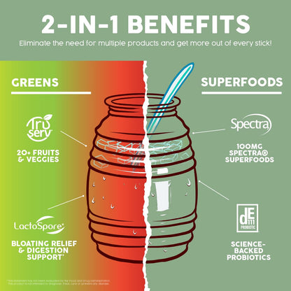 Salud 2-in-1 Greens Powder + Superfood Drink Mix, Strawberry Lime | 20+ Fruits and Veggies, Probiotics, Prebiotics, Supports Digestive Health, Bloating Relief, Vegan (15 Servings)