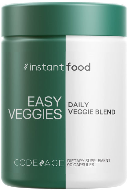 Dietary supplement container labeled 'Easy Veggies Daily Veggie Blend' by Instant Food on a white background.