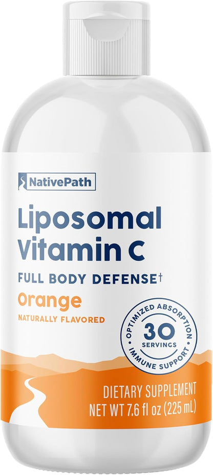NativePath Liposomal Vitamin C 500mg, Orange, 30 Servings | From Whole-Food Amla, High Absorption Antioxidant, Supports Collagen Production, Soy-Free Liquid, Non-GMO