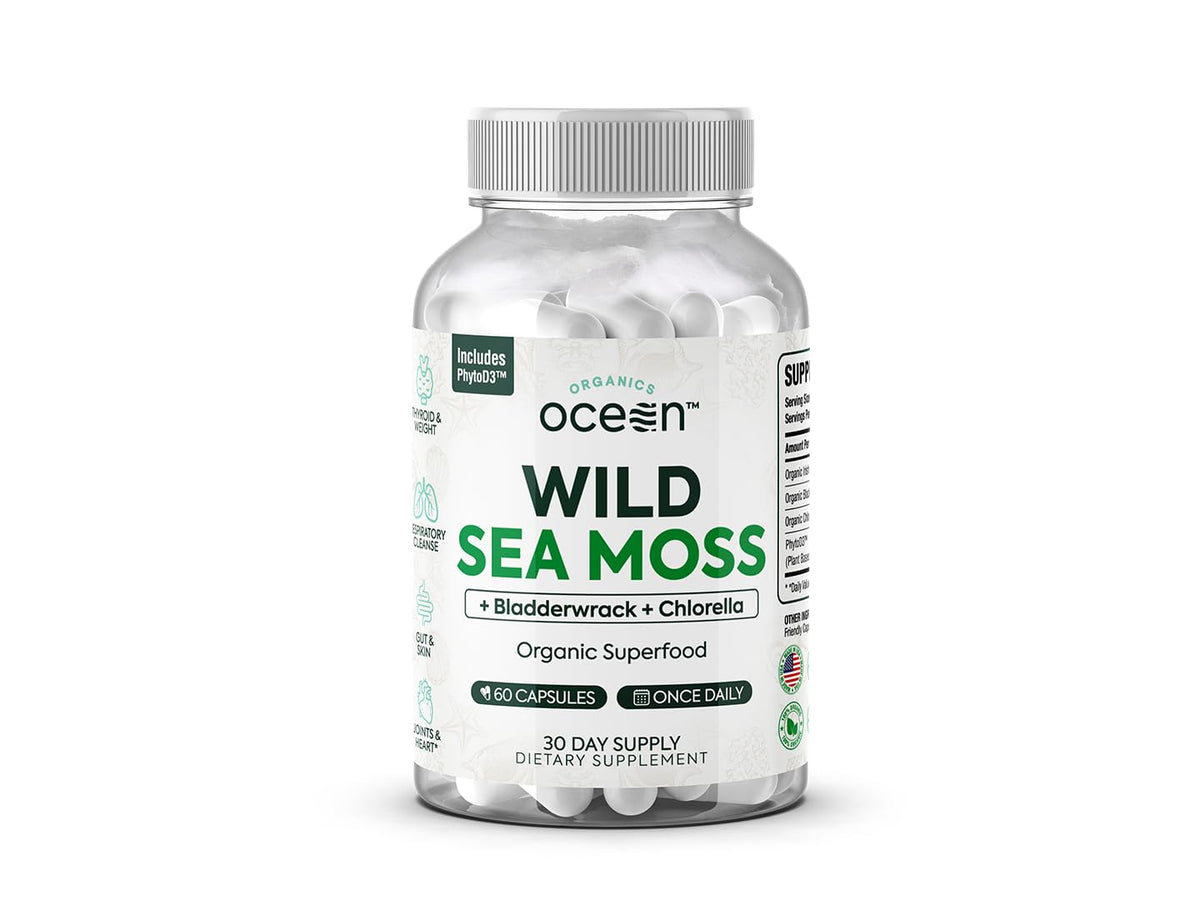 Organics Ocean Wild Sea Moss Capsules - 100% Organic Irish Sea Moss with Organic Chlorella, Bladderwrack and Vitamin D for Energy, Lung Health and Thyroid Support for Women and Men - 60 Capsules Organics OceanBuy Supplements Australia