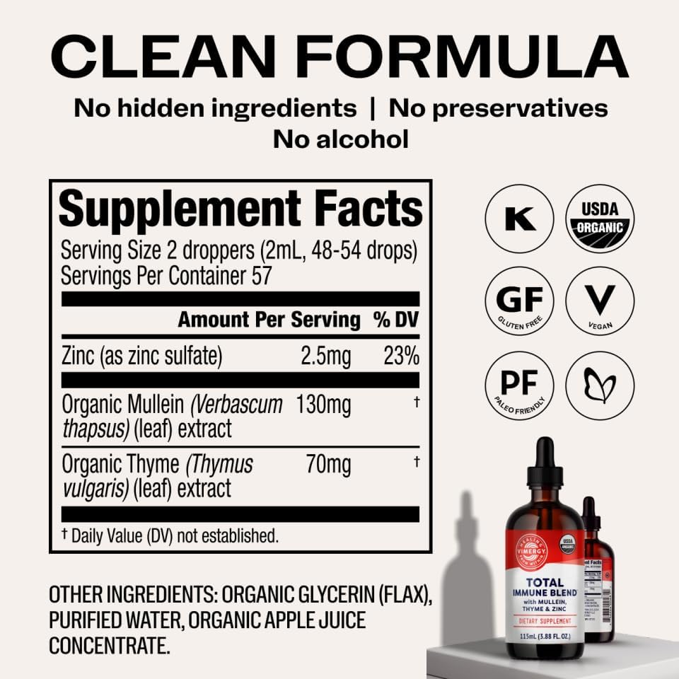 Vimergy USDA Organic Total Immune Blend* Liquid Supplement, 57 Servings Fast-Absorbing Immune Support – All-Season, Zinc, Thyme and Mullein Drops Non-GMO, Vegan (115 mL)