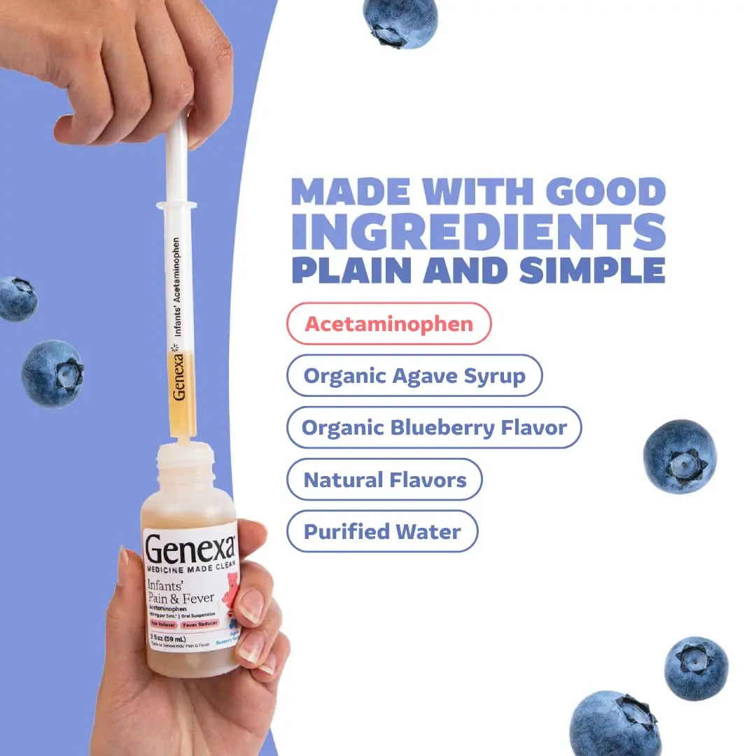 Genexa Infants' Clean Acetaminophen | Pediatrician Preferred Ingredients | Pain Reliever & Fever Reducer for Babies | Dye Free, 0% Artificial Additives | Delicious Organic Blueberry Flavor, 2 fl oz GenexaBuy Supplements Australia