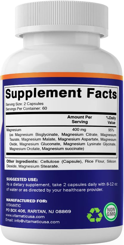 Vitamatic Magnesium Complex, 400mg Elemental MG (as Bisglycinate, Citrate, Taurate, Malate, Aspartate, Oxide, Gluconate, Lysinate Glycinate, Orotate, Succinate) - 120 Capsules per Pack - 2 Pack Vitamatic buy supplements Au