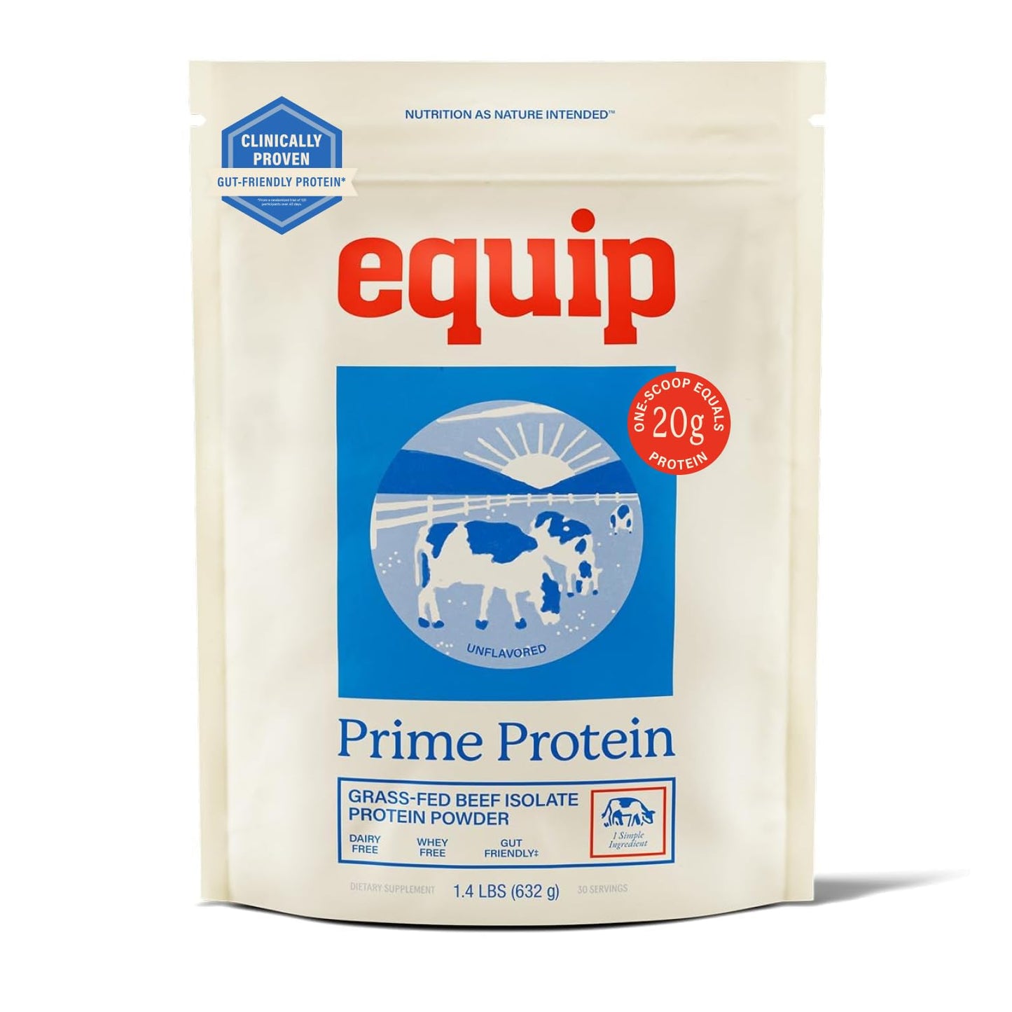Equip Prime Chocolate Protein Powder - Gut-Friendly, No Sugar Protein Shake Powder with Grass-Fed Beef & Natural Collagen - Rich & Creamy Mix - 21g Per Serving - Whey & Dairy-Free (30 Scoops)
