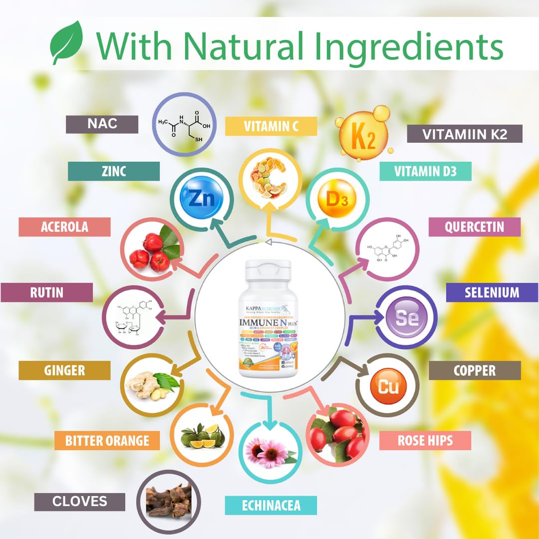 (90 Capsules), NAC 600mg, Quercetin 1,000mg, Vitamin C 500mg, Zinc 50mg, Vitamin D3 5,000iu, Selenium, Copper, Acerola, Ginger, Rutin, Citrus Bioflavonoids, Rose Hips, Echinacea, Immune N Plus 15 in 1 KAPPA NUTRITION buy supplements Au