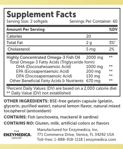 Aqua Biome by Enzymedica Omega 3 Fish Oil Maximum Strength - 120 Softgels | Fish Oil Omega 3 Fatty Acid Supplement for Women & Men, Source of DPA, EPA, & DHA, Heart & Brain Health Support, Gluten Free