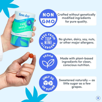 FIRST DAY Teen Multivitamin Gummy with Organic Fruit & Veggie Blend, 60 ct. | Vegan teen vitamins for ages 13-18 with 12 key nutrients, methylfolate, magnesium and zinc; 2 daily, 30-day supply.