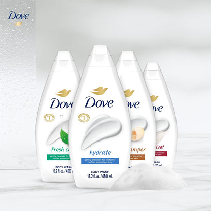 Dove Moisturizing Body Wash, Variety 6-Pack, 15.2 Oz Ea | Hydrate 2-Pack + Gentle Pamper, Fresh Care, and Silky Velvet | Moisturizing Shower Gel Liquid, Instantly Replenish Dry Skin