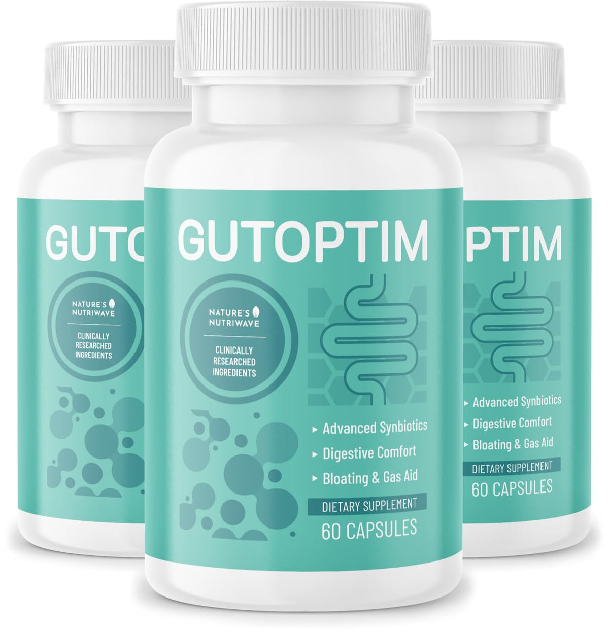 Three bottles of Gutoptim dietary supplement with a white background