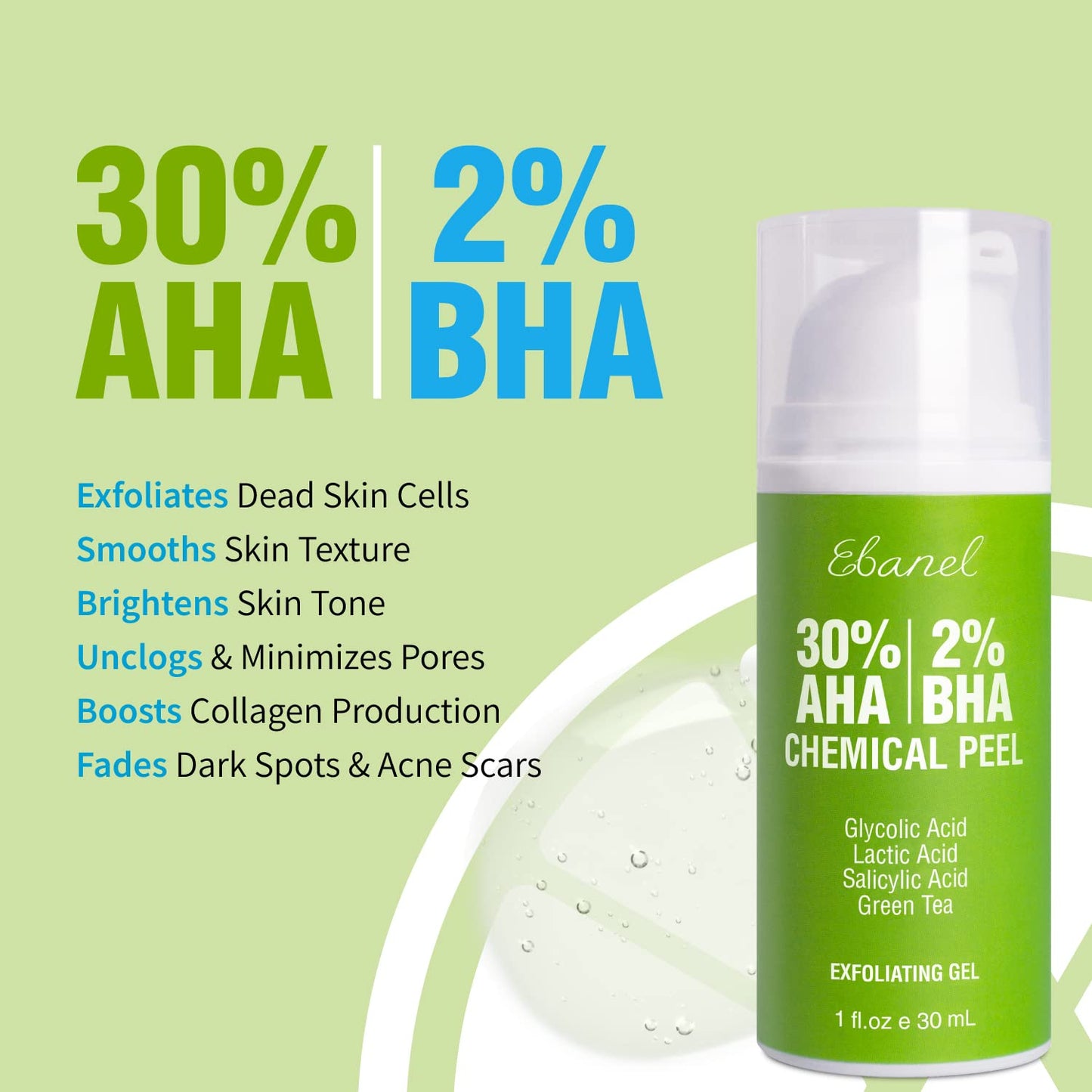 Ebanel Bundle of Hyaluronic Acid Serum and 30% AHA 2% BHA Chemical Peel Exfoliant Gel