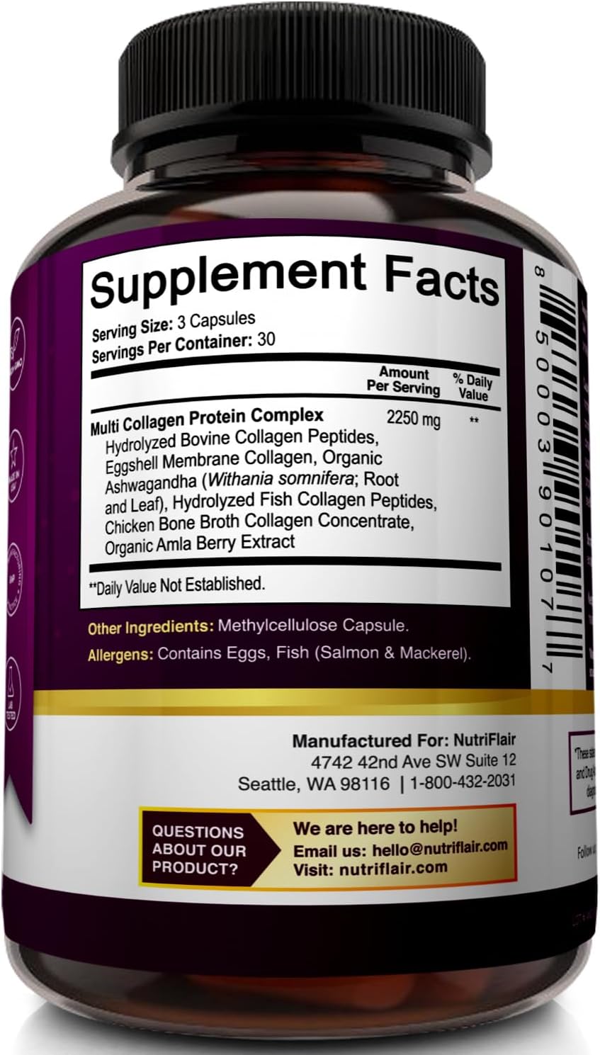 NutriFlair Multi Collagen Peptides 2250mg, 90 Capsules - Type I, II, III, V, X - Collagen Supplements Complex Powder Pills for Women and Men - Hydrolyzed Protein, Healthy Hair, Skin, Nails - Non-GMO