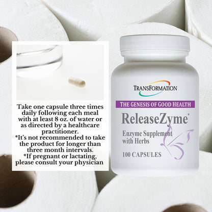 TRANSFORMATION THE GENESIS OF GOOD HEALTH Enzymes ReleaseZyme Blend Supplement with Natural Herbs, Advanced Digestive Support Formula with Protease, Helps Break Down Proteins, Plant Based Enzymes, 100