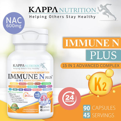 (90 Capsules), NAC 600mg, Quercetin 1,000mg, Vitamin C 500mg, Zinc 50mg, Vitamin D3 5,000iu, Selenium, Copper, Acerola, Ginger, Rutin, Citrus Bioflavonoids, Rose Hips, Echinacea, Immune N Plus 15 in 1 KAPPA NUTRITION buy supplements Au