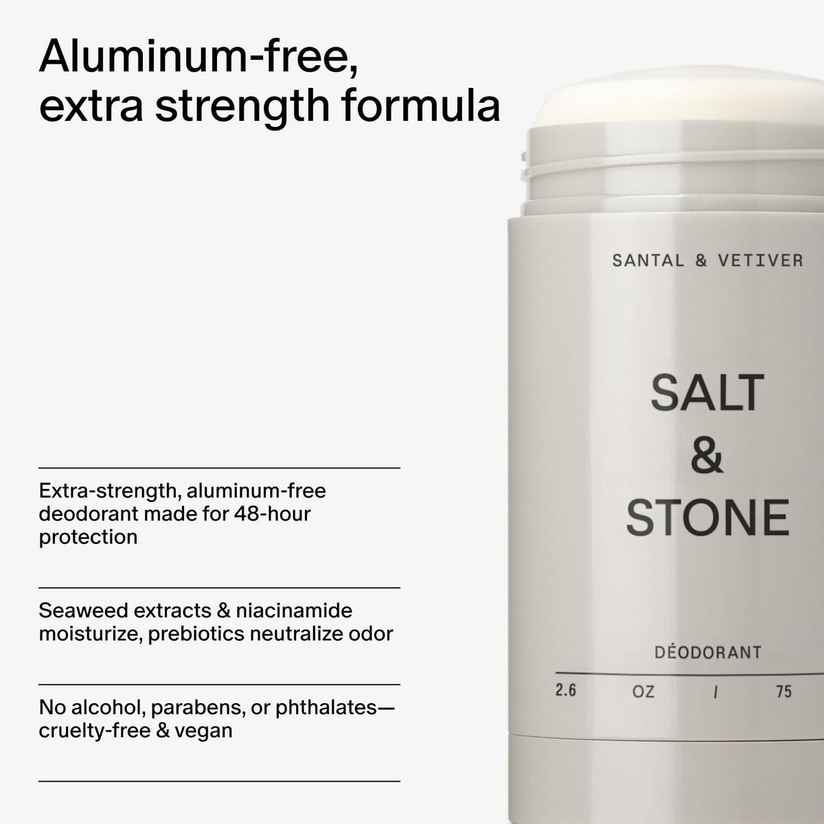 Salt & Stone Aluminum Free Deodorant | Extra Strength 48 Hour Protection for Women & Men | Made with Seaweed Extracts, Niacinamide & Prebiotics | Santal & Vetiver Salt & StoneBuy Supplements Australia