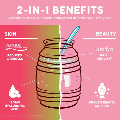 Salud 2-in-1 Skin + Beauty Drink Mix, Strawberry Kiwi | Collagen Peptides with Verisol, Hyaluronic Acid, Vitamin C, Biotin + Lustriva, Hydration Sticks, Gluten Free (15 Servings)