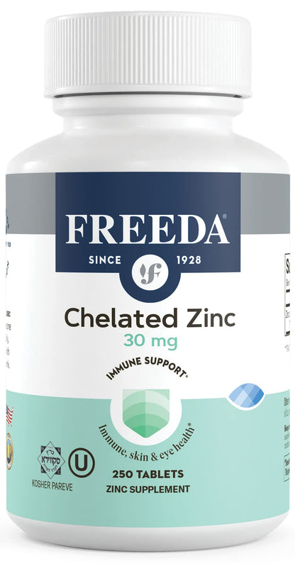 Freeda Chelated Zinc 30mg – TRAACS® Zinc Bisglycinate for High Absorption – Vegan, Kosher, Gentle on Stomach – Immune Support for Adults, Men & Women – 100 Tiny Tablets | For Adult Men & Women – High Absorption Formula – Antioxidant Support, Gentle on Sto