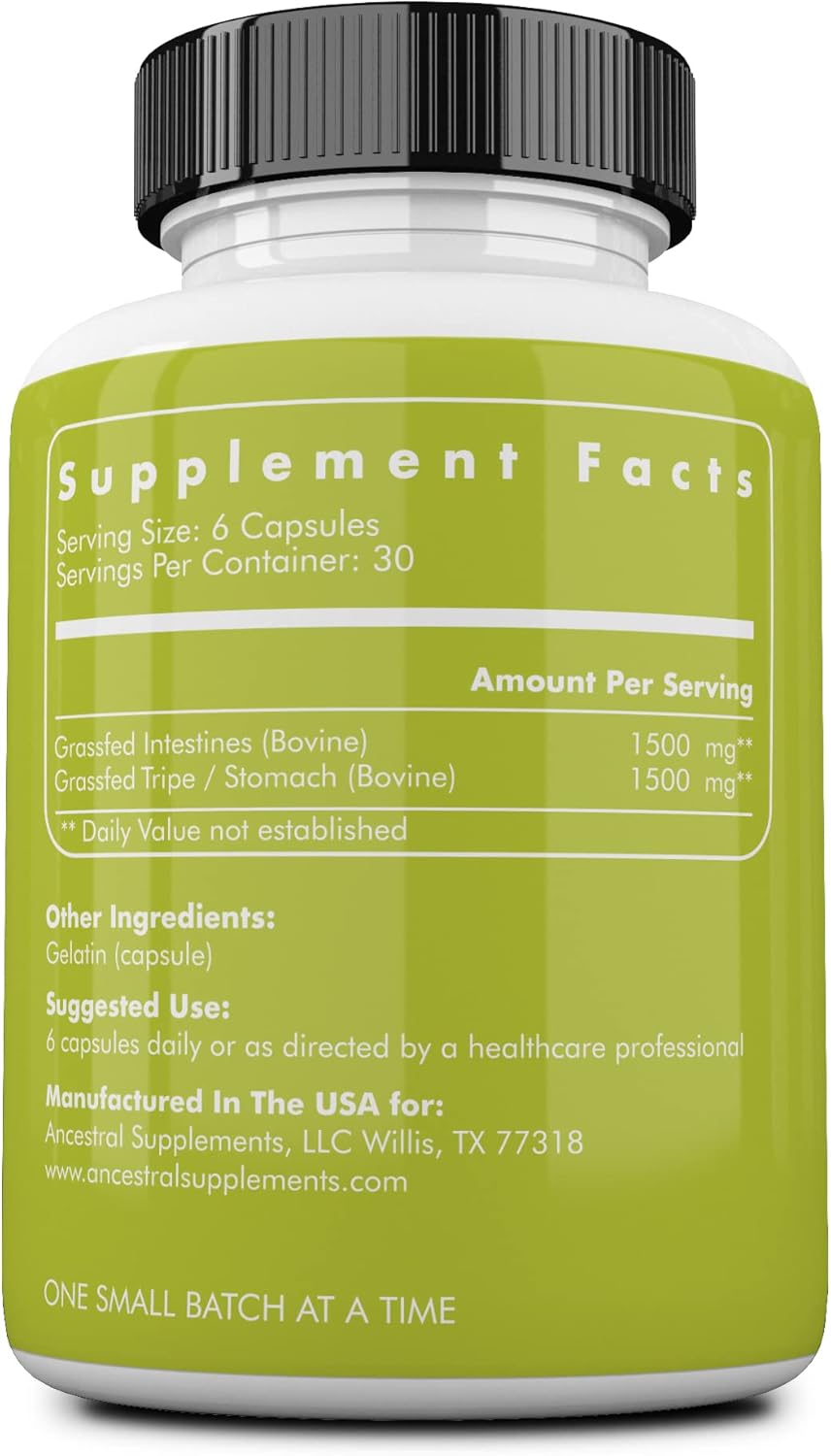 Ancestral Supplements Beef Intestines Capsules, Digestion Support, 180 ct | Natural digestive enzymes in this tripe supplement support acid reflux comfort, gut, intestine and digestive health.