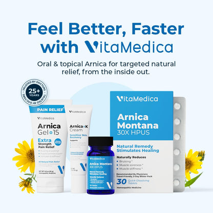 Arnica Montana 30X HPUS, Clinical Grade, Quick Dissolve Tablets, Five-Day Recovery Pack for Pain and Bruise Relief After Surgery or Injury, Natural Healing, Gentle on The Stomach - 30 Count VitaMedicaBuy Supplements Australia