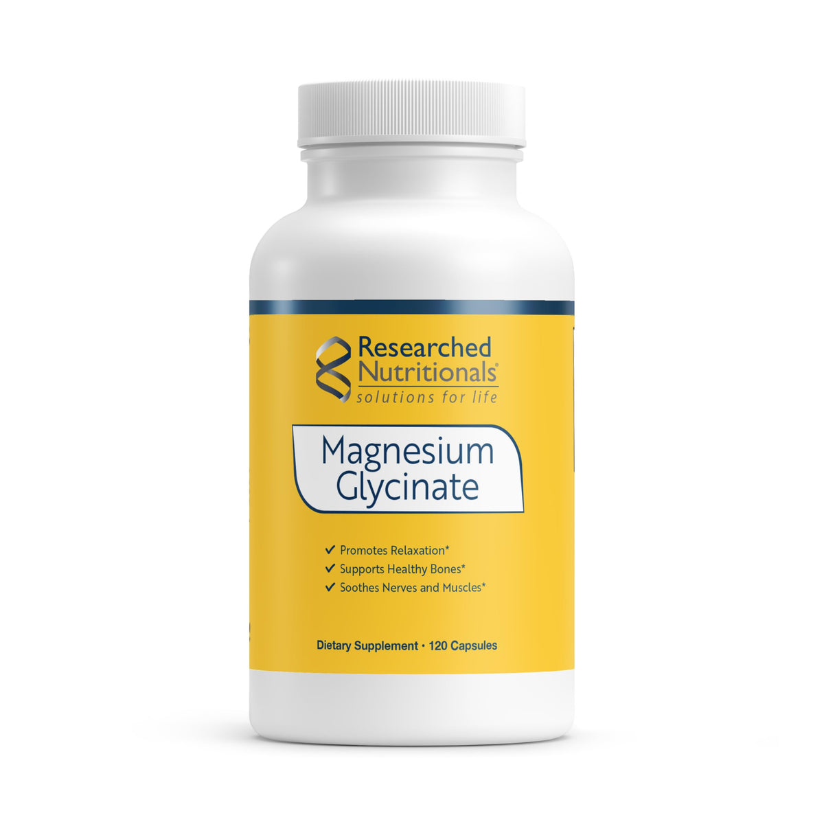 Supplement bottle labeled 'Magnesium Glycinate' by Researched Nutritionals on a white background