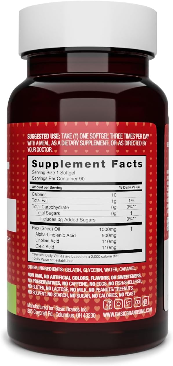 Basic Brands Smart Heart Flaxseed Oil, 1000 mg 90 Softgels | ALA Omega-3 & Lignans, Cold-Pressed, Plant-Based Omega-3, Heart, Brain & Skin, Non-GMO