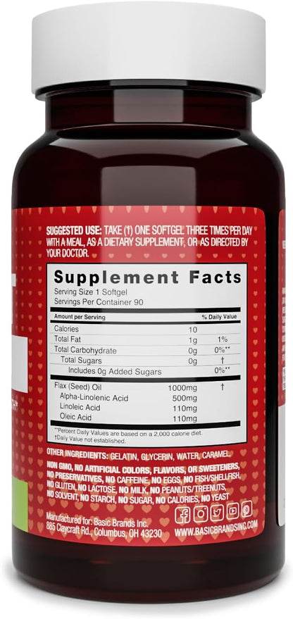 Basic Brands Smart Heart Flaxseed Oil, 1000 mg 90 Softgels | ALA Omega-3 & Lignans, Cold-Pressed, Plant-Based Omega-3, Heart, Brain & Skin, Non-GMO