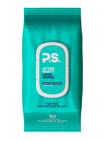 PS Afterparty Love Wipes for Adults, Aloe & Vitamin E, 30 Count, 1 Pack | Plant based, vegan & pH balanced, paraben free, sulfate free, dye free, flushable & septic safe, oversized 7 x 7.75 in