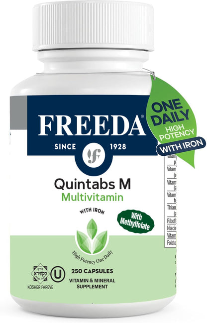 FREEDA Multivitamin – Quintabs-M with Iron – Kosher Multi Vitamins Supplements for Women Health - Multivitamins for Women & Iron-Deficient Men Adult Vitamins Multivitamin (100) | Kosher Multivitamin with Iron Formulated for Women & Men - Supporting Daily