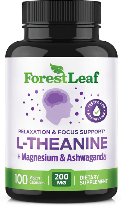 ForestLeaf L Theanine Supplement - L-Theanine 200mg with Ashwagandha and Magnesium for Focus, Stress Relief & Relaxation - Non-GMO & Gluten Free - 100 Caps
