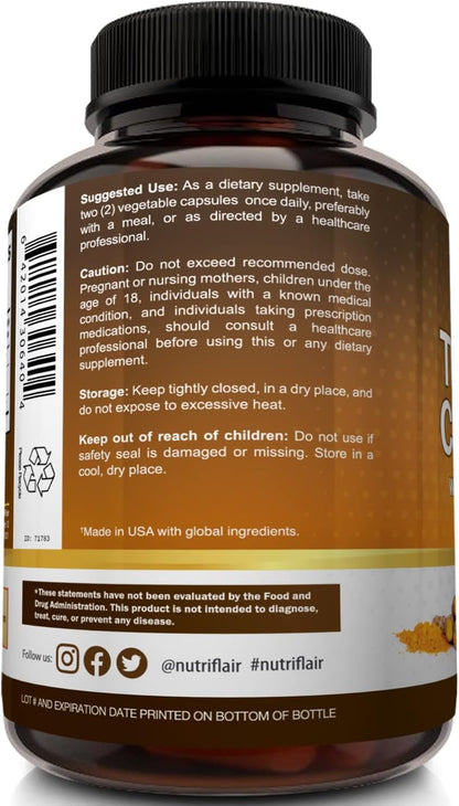 NutriFlair Turmeric Curcumin with BioPerine - 1300mg, 180 Capsules - 95% Standardized Curcuminoids Turmeric Supplement Extract with Black Pepper for Optimal Absorption - 180 Capsules