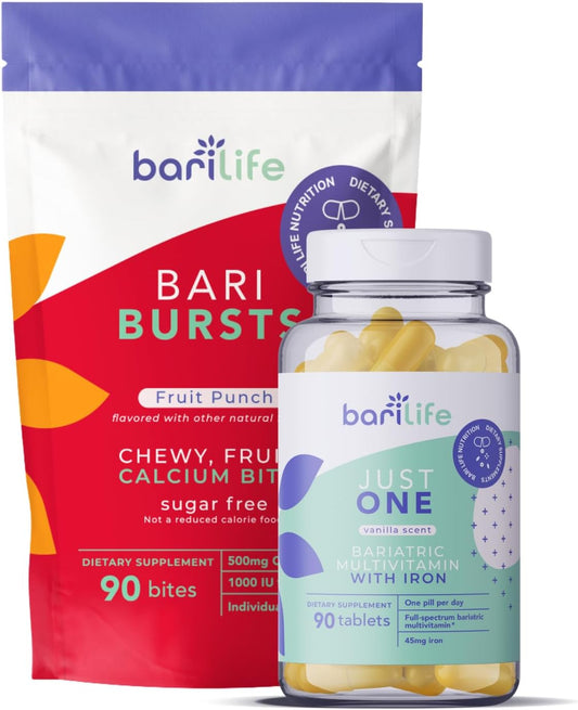 Bari Life Just One, Once Daily Bariatric Multivitamin with Iron (90 Tablets) and BariBurst Calcium Citrate Soft Chews for Gastric Bypass, Gastric Sleeve and Duodenal Switch (Fruit Punch)