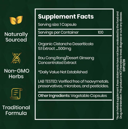 Organic Cistanche Deserticola Capsules- True Rou Cong Rong 5:1 Extract (Not Tubulosa)- High Potency Jing Tonic for Energy, Vitality, & Adrenal Support- Non-GMO, Vegan, 500mg