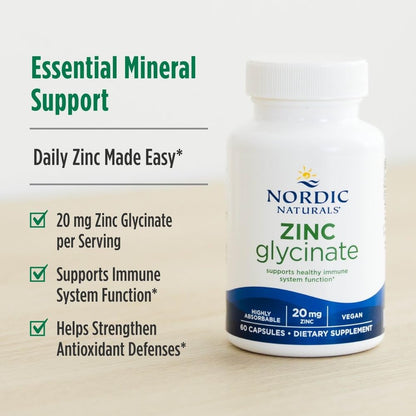 Nordic Naturals Zinc Glycinate 20mg, Highly Absorbable Supplements, 60Count | Highly absorbable zinc glycinate supports immune health & optimal wellness. Non-GMO, gluten-free, vegan. 60 servings.