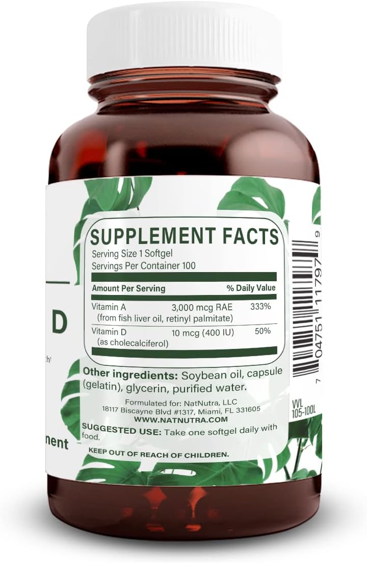 Natural Nutra Vitamin A and D, 10000 IU & 400IU, 100 Softgels | Supports Bone Health & Enhances Eye Health, Promotes Strong Teeth, Sourced from Cod Liver Oil, Supports Overall Health