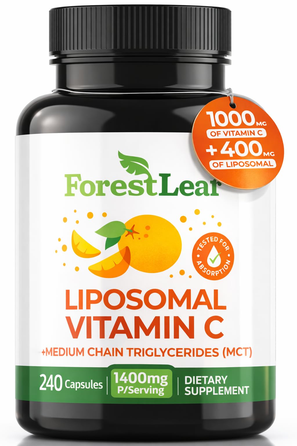 ForestLeaf Liposomal Vitamin C 1400mg Capsules | High Dose Vitamin C Liposomal Supplement w Coconut Oil Fatty Acids | Fast Absorption | Immune Support, Antioxidant, Collagen Production | 120 Vegan Cap