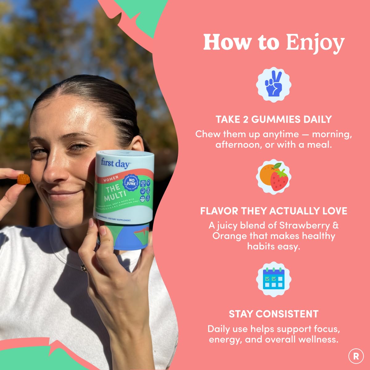 FIRST DAY Women's Multivitamin Gummies with Methylated Folate, 60 Gummies | Vegan daily multivitamin for women with biotin, zinc and organic superfood blend; take 2 gummies daily for everyday nutrition
