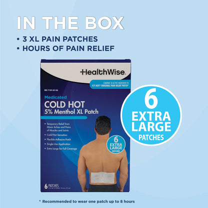HealthWise Cold Hot Medicated Menthol XL Patch | 5% Menthol | Back and Large Areas | 5.51” x 9.84” | 6-Count | Paraben-Free | Soothes Minor Aches and Pains | Super-Size Relief HealthWiseBuy Supplements Australia