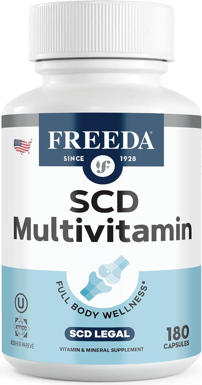 FREEDA SCD Multivitamin – Daily Multivitamin Supplement for Men & Women – Vegan, Gluten-Free, SCD Legal – Kosher Certified Adult Vitamins – Specific Carbohydrate Diet Friendly – 180 Capsules | SCD Legal Formula with Essential Vitamins & Minerals for Men a