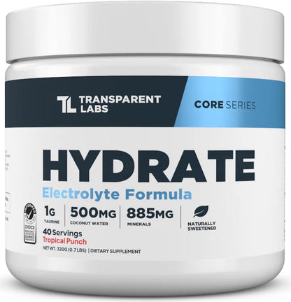 Transparent Labs Hydrate Electrolytes Powder (40 Servings, Tropical Punch) & Creatine HMB (30 Servings, Strawberry Lemonade)