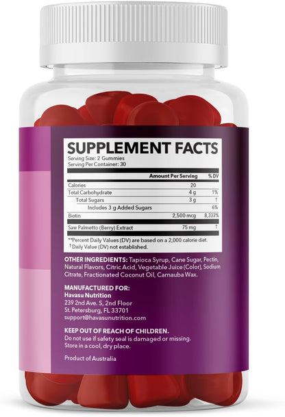 Saw Palmetto Gummies for Women, Raspberry, 60ct, 2500mcg Biotin | DHT Blocker & Hair, Skin, Nail Health Gummies, Supports Stronger-Looking Hair, Raspberry Flavor, 1 Month Supply